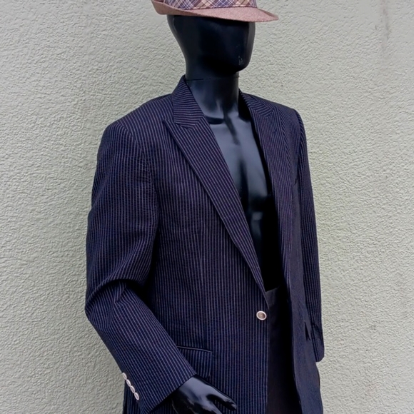 BLUE by PRONTO UOMO MEN'S PURE COTTON BLACK BLAZER W/WHITE PIN STRIPES - Picture 4 of 17